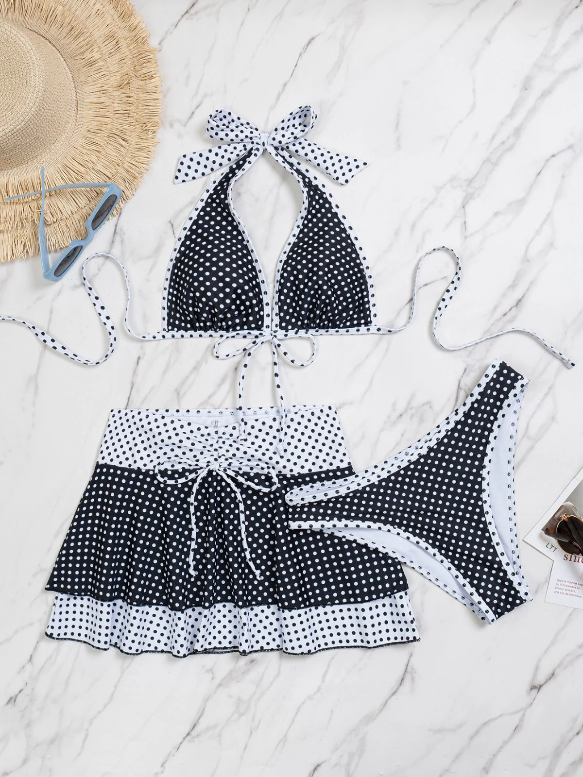 Schwarz 1940er Polka Dot Halter Bikini Set & Cover-Up - Image 5