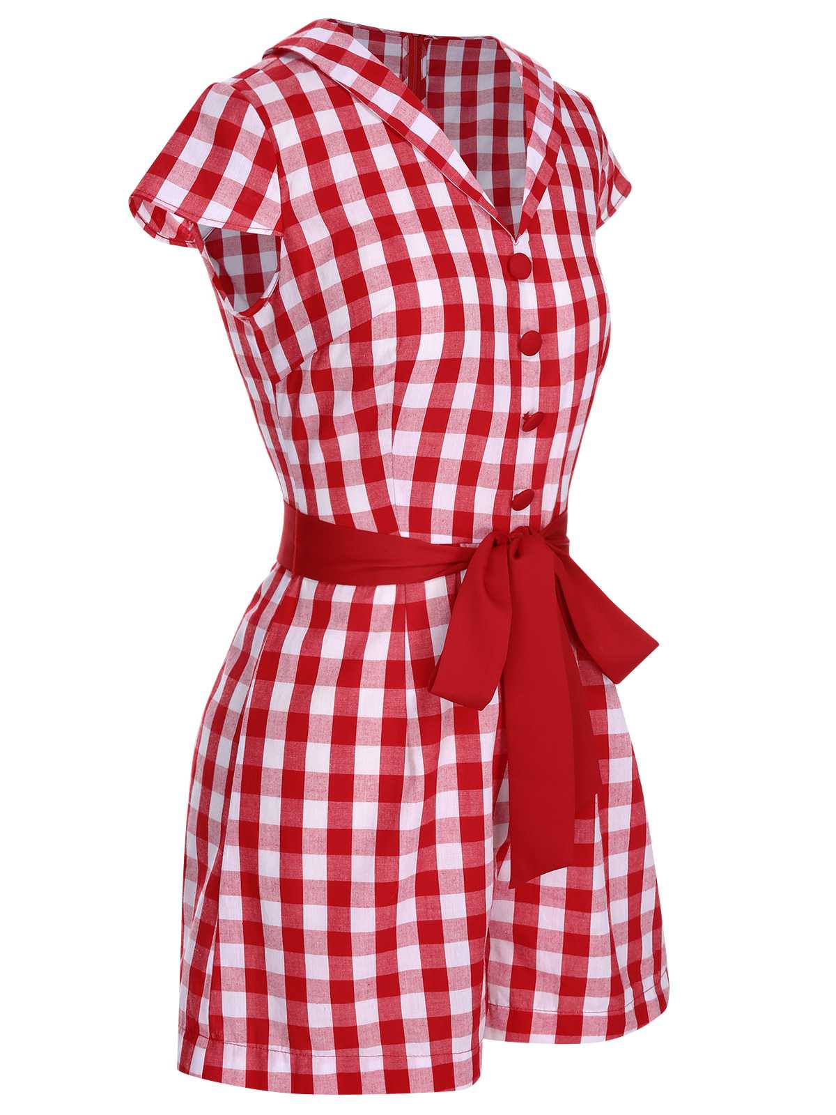Rot 1940er Revers Plaids Romper mit Gürtel - Image 3