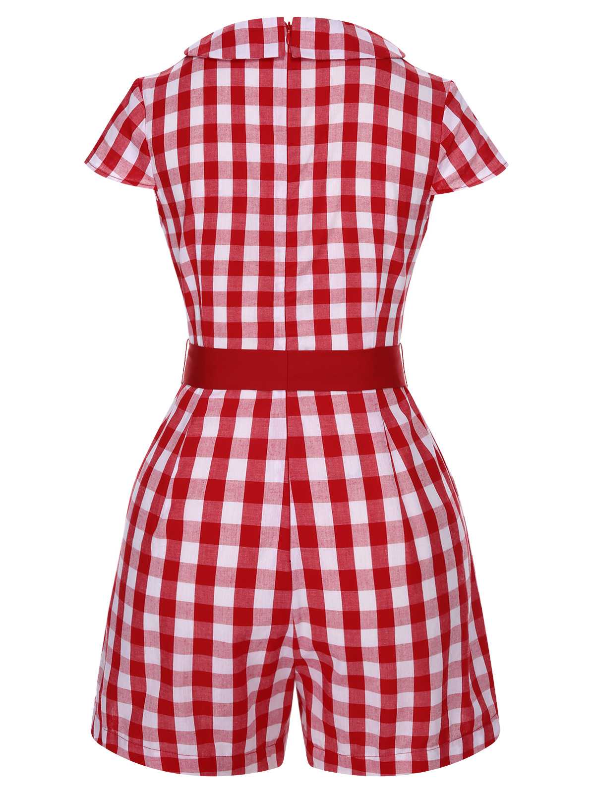Rot 1940er Revers Plaids Romper mit Gürtel - Image 4