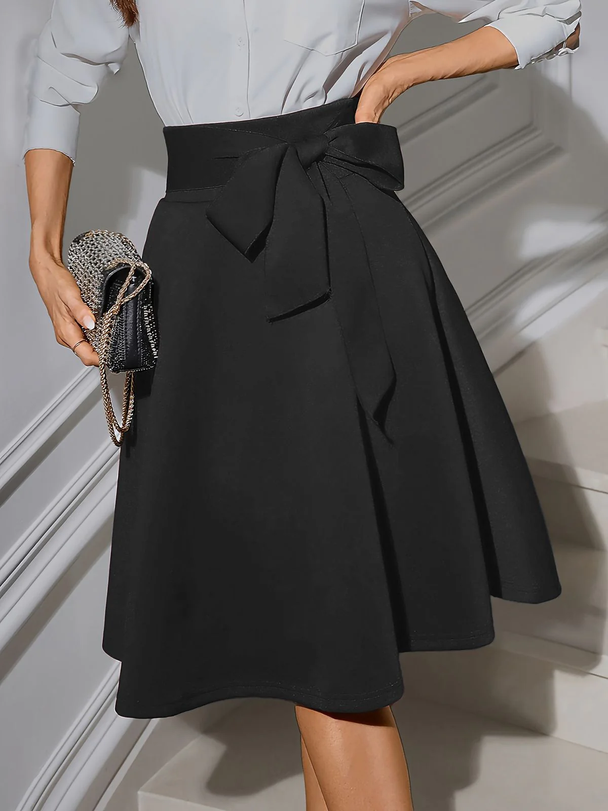 Schwarz 1940er Solide High Waist Schnürung Rock