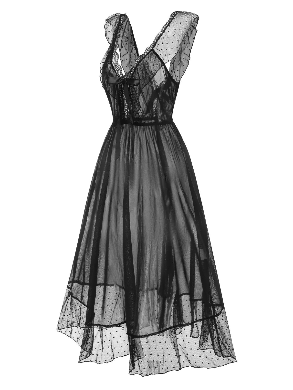 Schwarz 1940er Spitzenbesatz Dots Sheer Nachthemd - Image 2