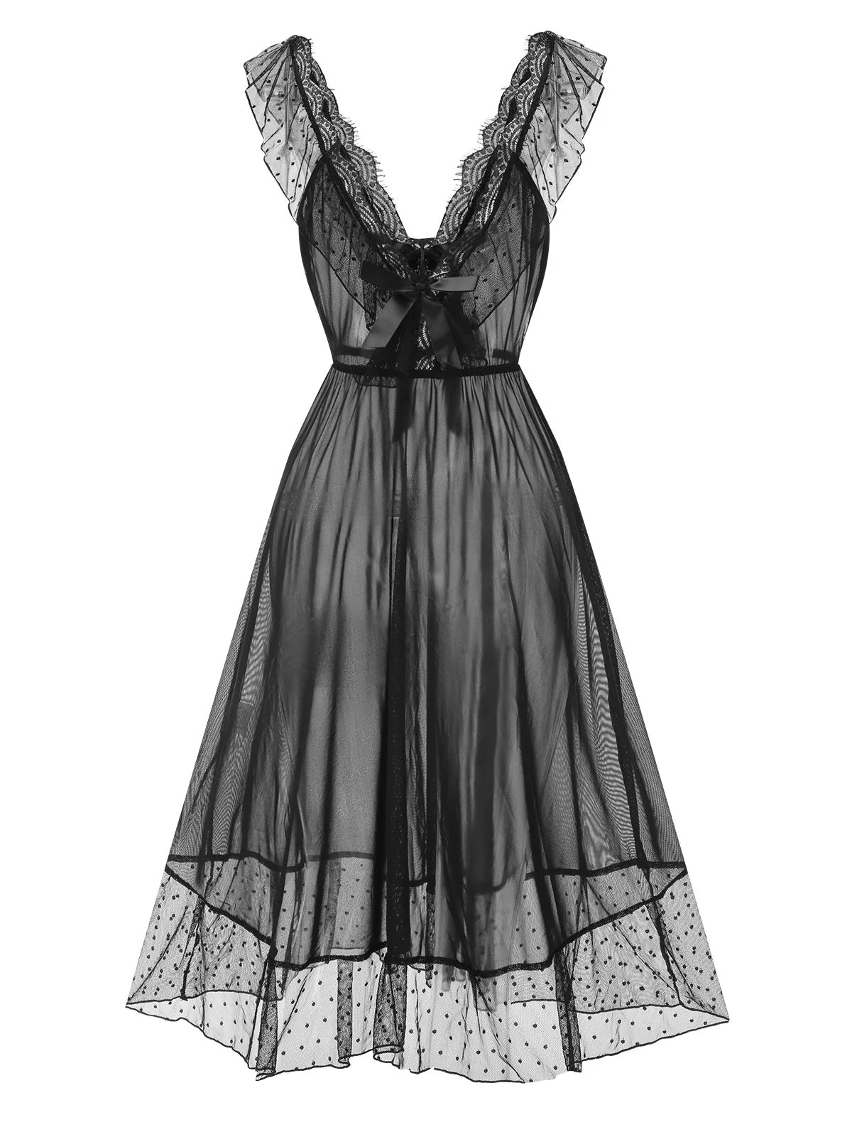 Schwarz 1940er Spitzenbesatz Dots Sheer Nachthemd - Image 3
