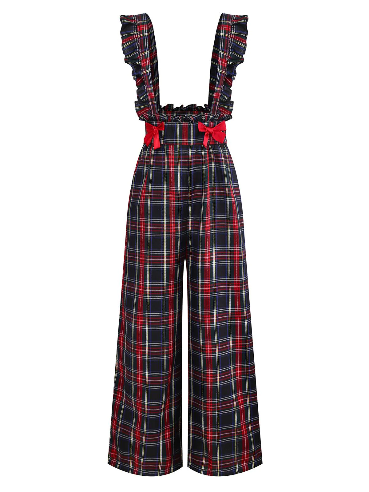 Schwarz 1940er Tartan Plaid Rüschen Bogen Latzhose - Image 3