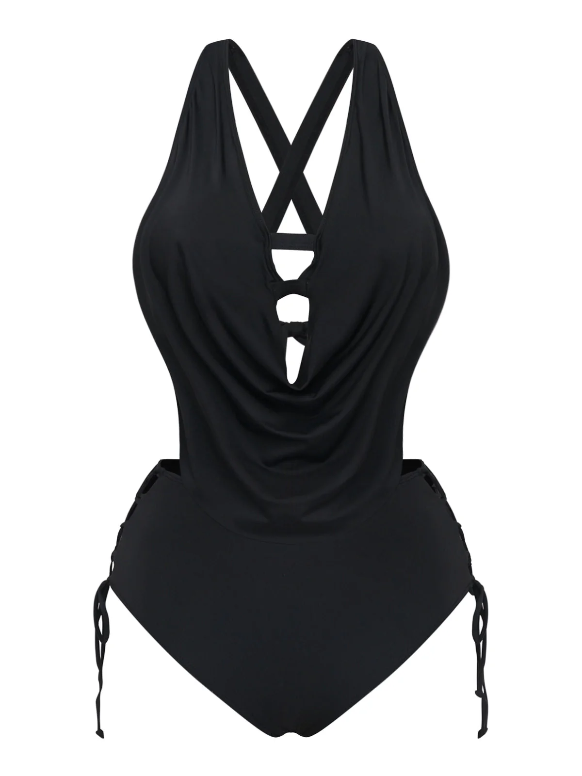 Schwarz 1940er Überkreuzt Cut-out Schnürung Tankini-Set - Image 2