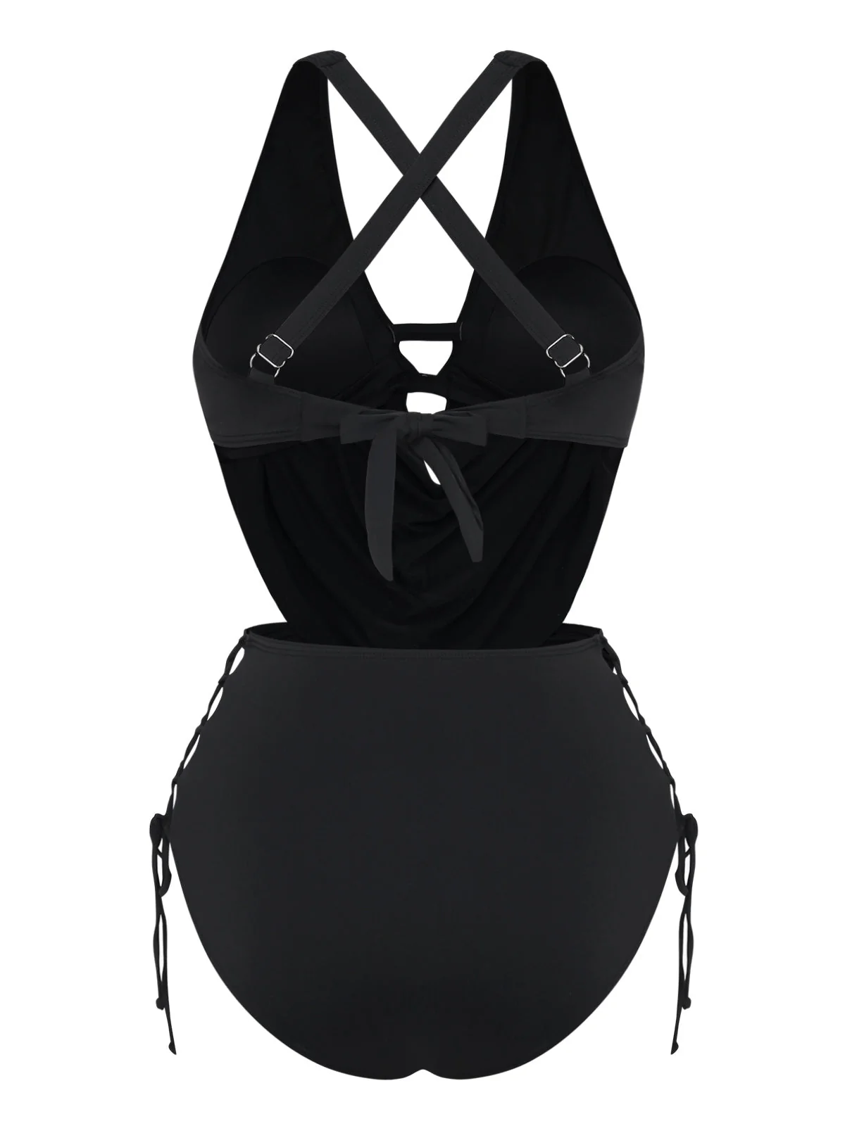 Schwarz 1940er Überkreuzt Cut-out Schnürung Tankini-Set - Image 3