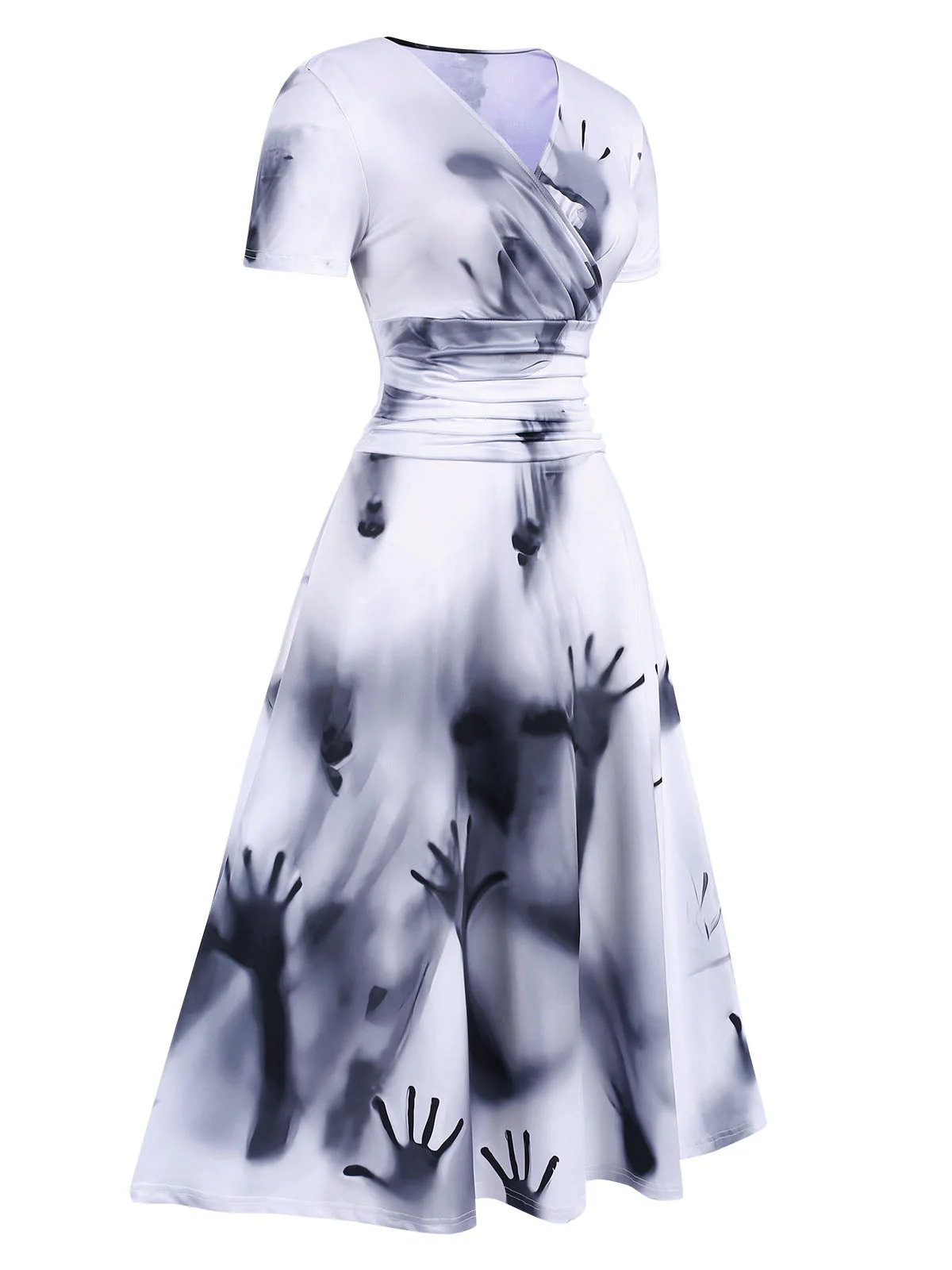 Schwarz 1940er V-Ausschnitt Halloween Handabdrücke Kleid - Image 3