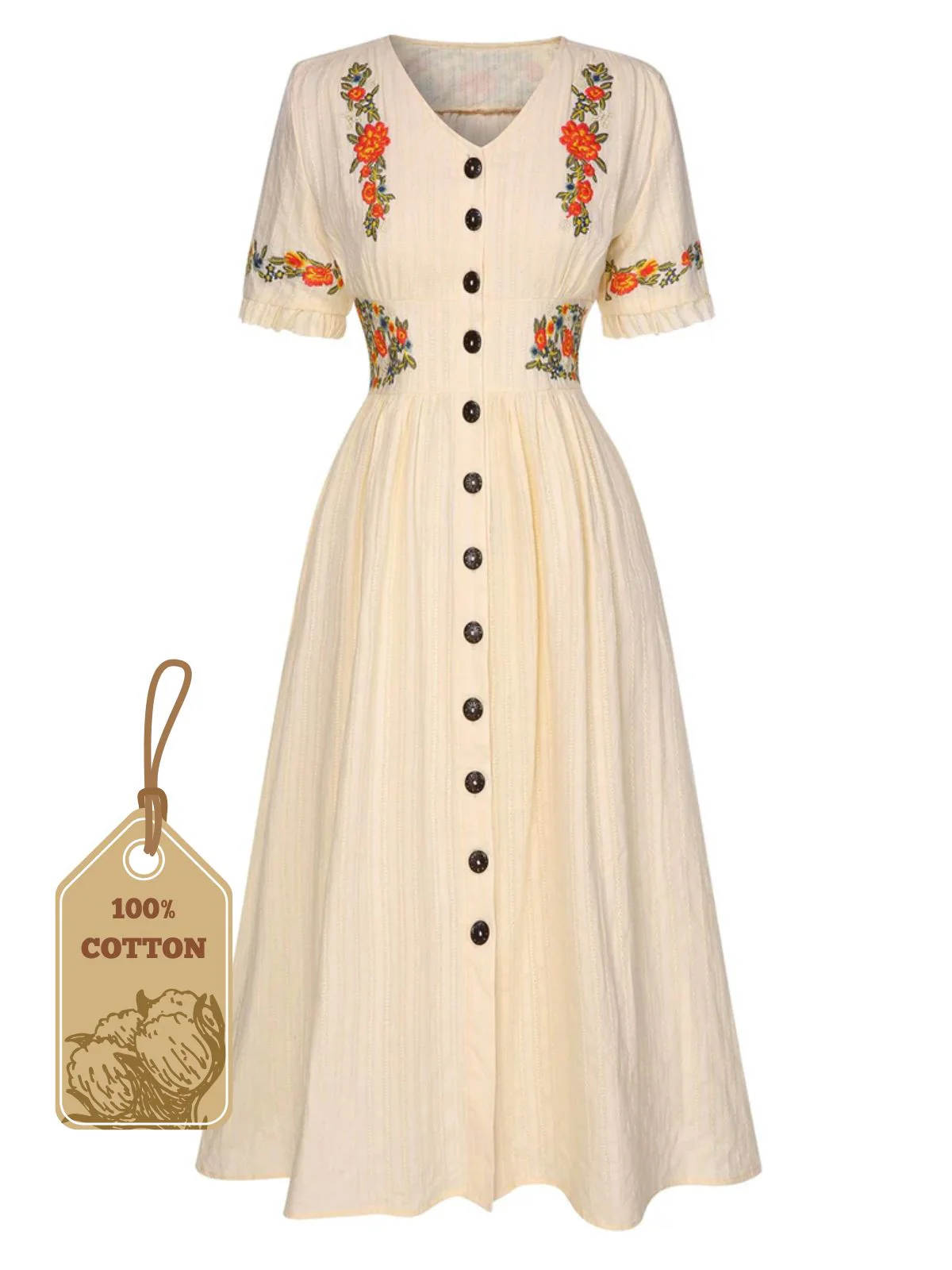 Beige 1940er V-Ausschnitt Knöpfen Blumen Kleid - Image 3