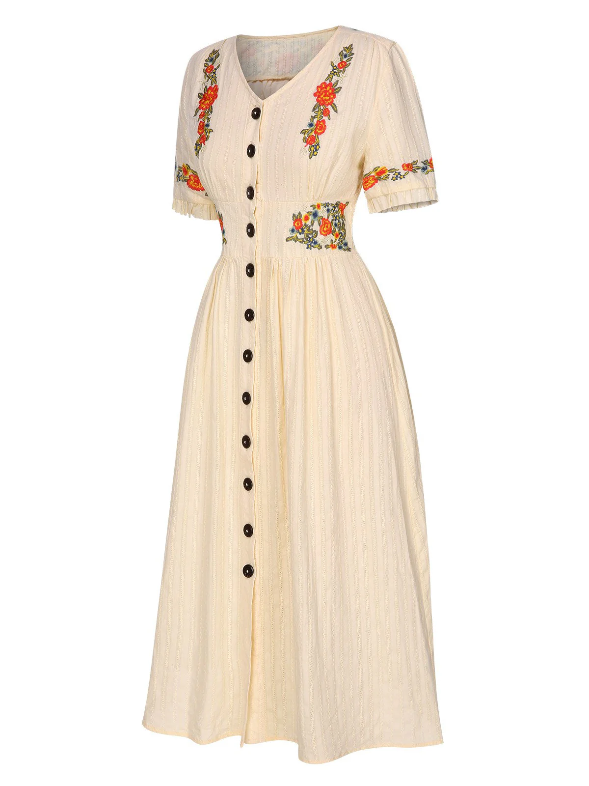 [Vorverkauf] Schwarz 1940er V-Ausschnitt Knöpfen Baumwolle Blumen Kleid - Image 16