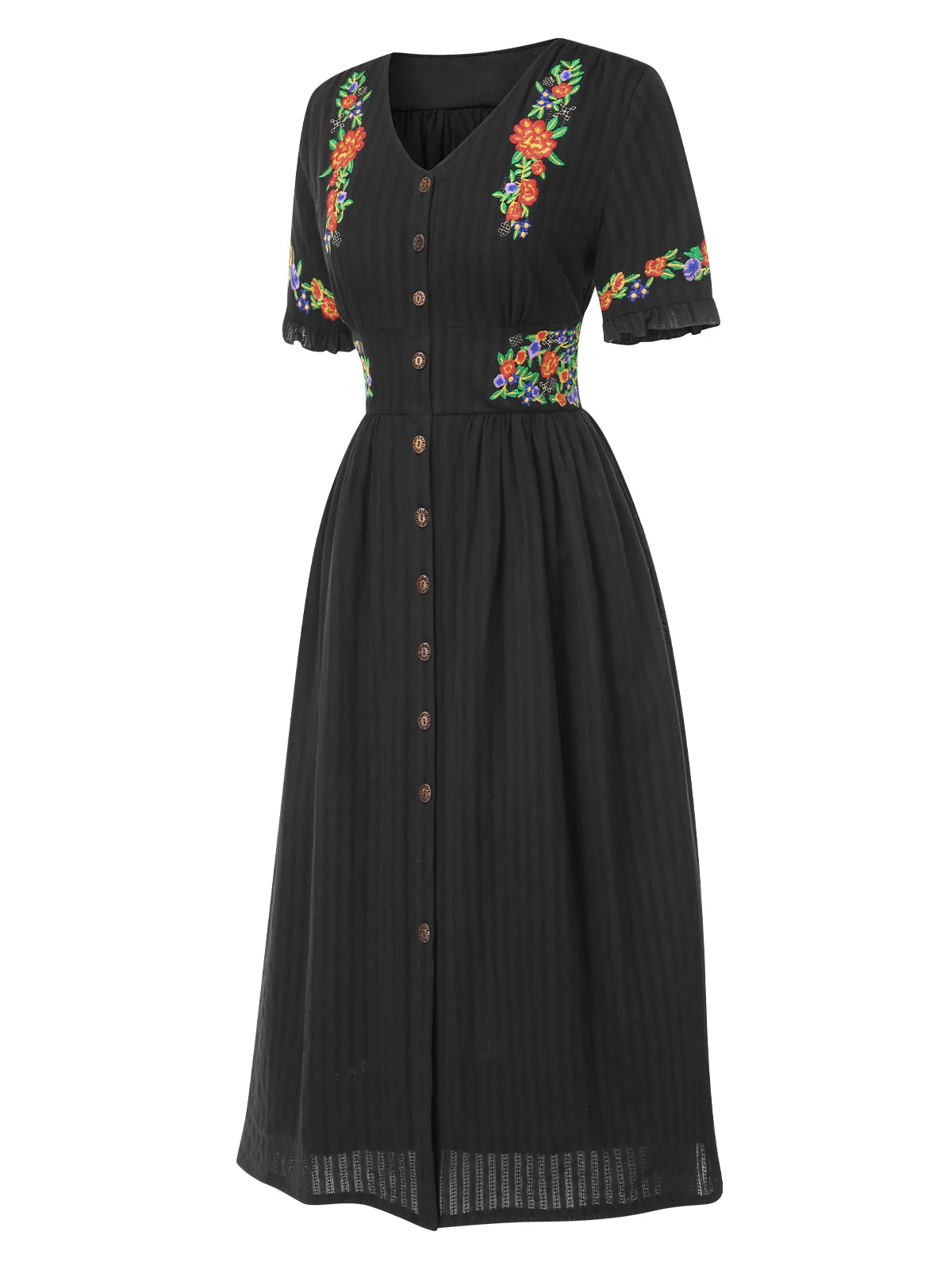 Beige 1940er V-Ausschnitt Knöpfen Blumen Kleid - Image 15
