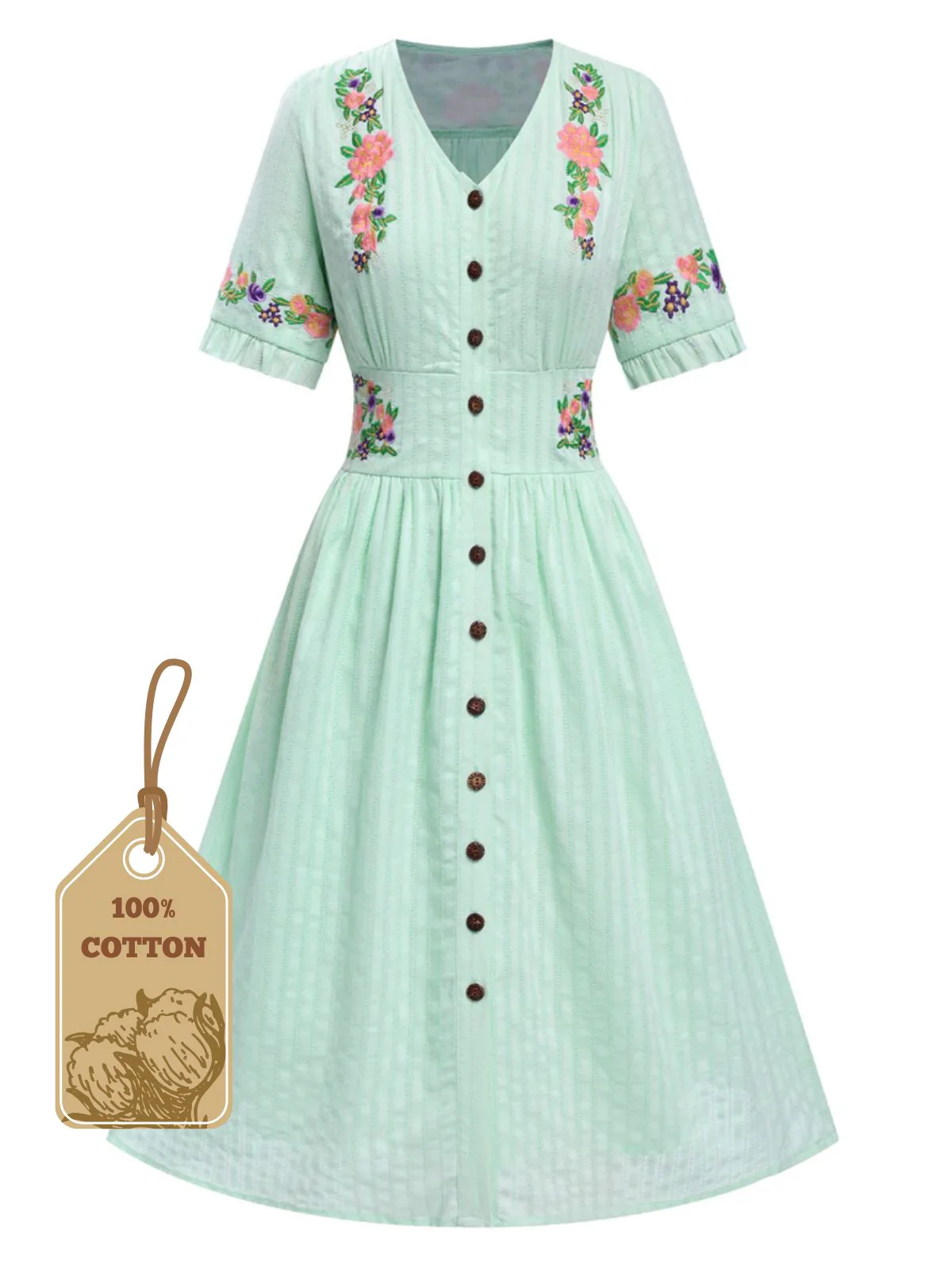 Beige 1940er V-Ausschnitt Knöpfen Blumen Kleid - Image 8
