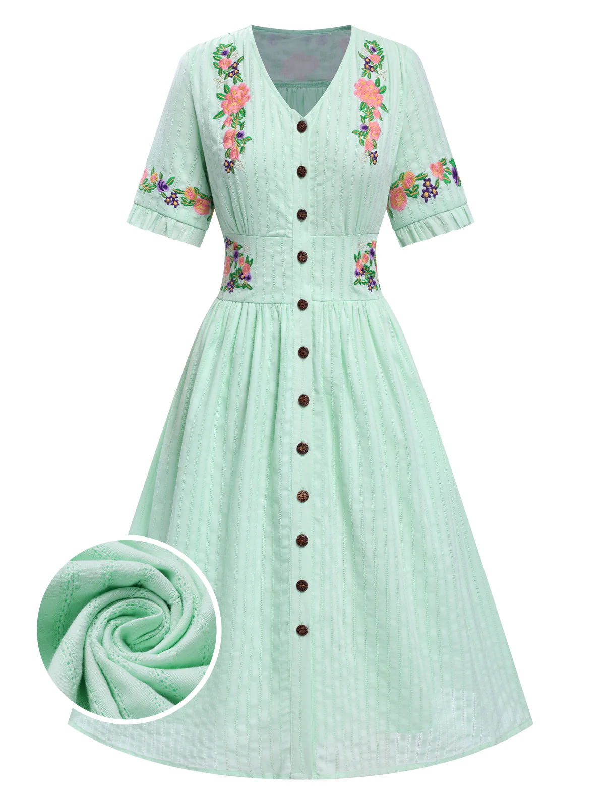Beige 1940er V-Ausschnitt Knöpfen Blumen Kleid - Image 9