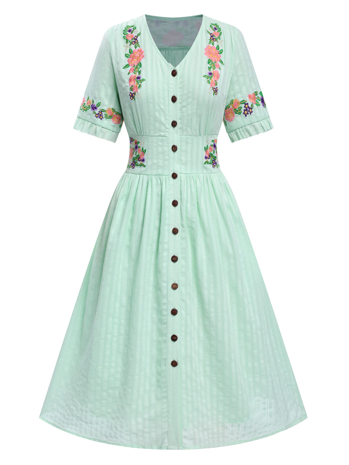 Beige 1940er V-Ausschnitt Knöpfen Blumen Kleid - Image 10