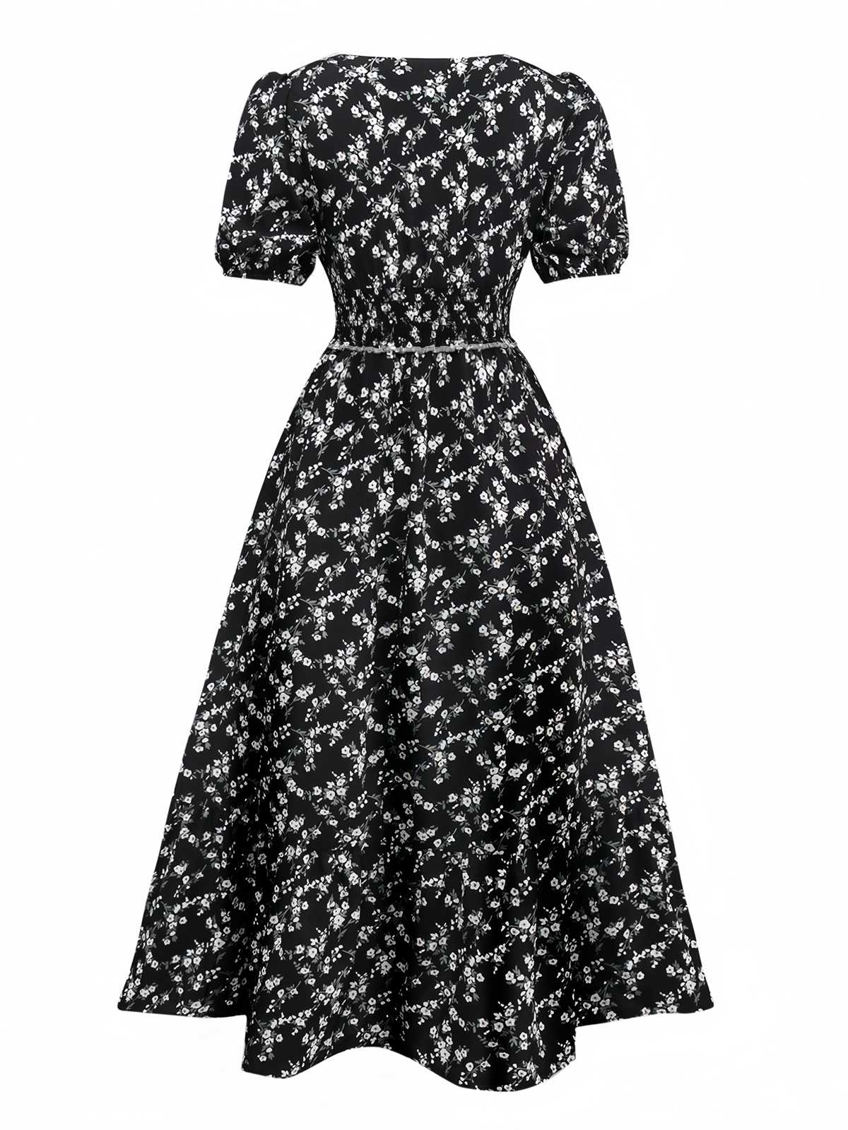 Schwarz 1940er V-Ausschnitt Puffärmel Kleine Blumen Kleid - Image 2