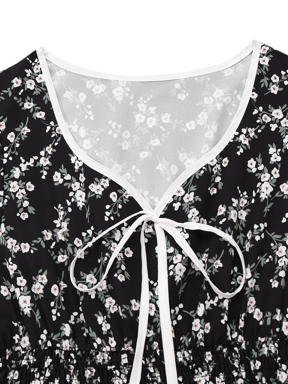 Schwarz 1940er V-Ausschnitt Puffärmel Kleine Blumen Kleid - Image 3