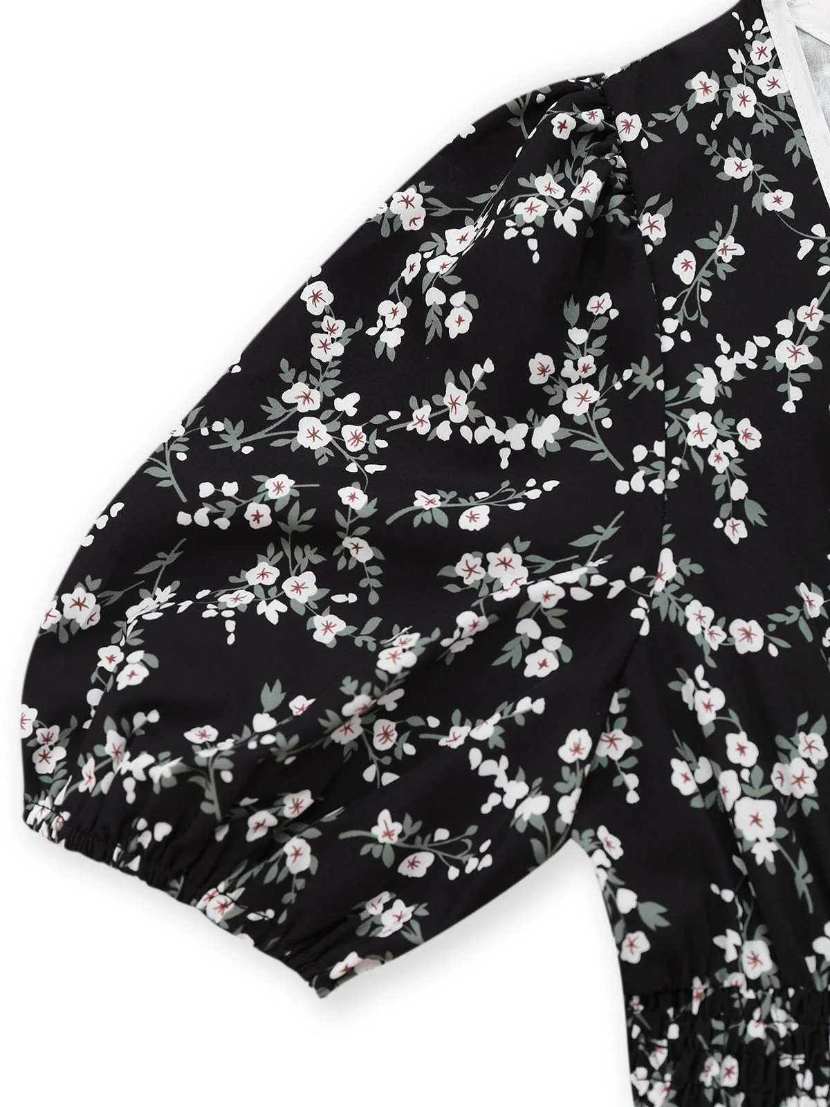 Schwarz 1940er V-Ausschnitt Puffärmel Kleine Blumen Kleid - Image 4