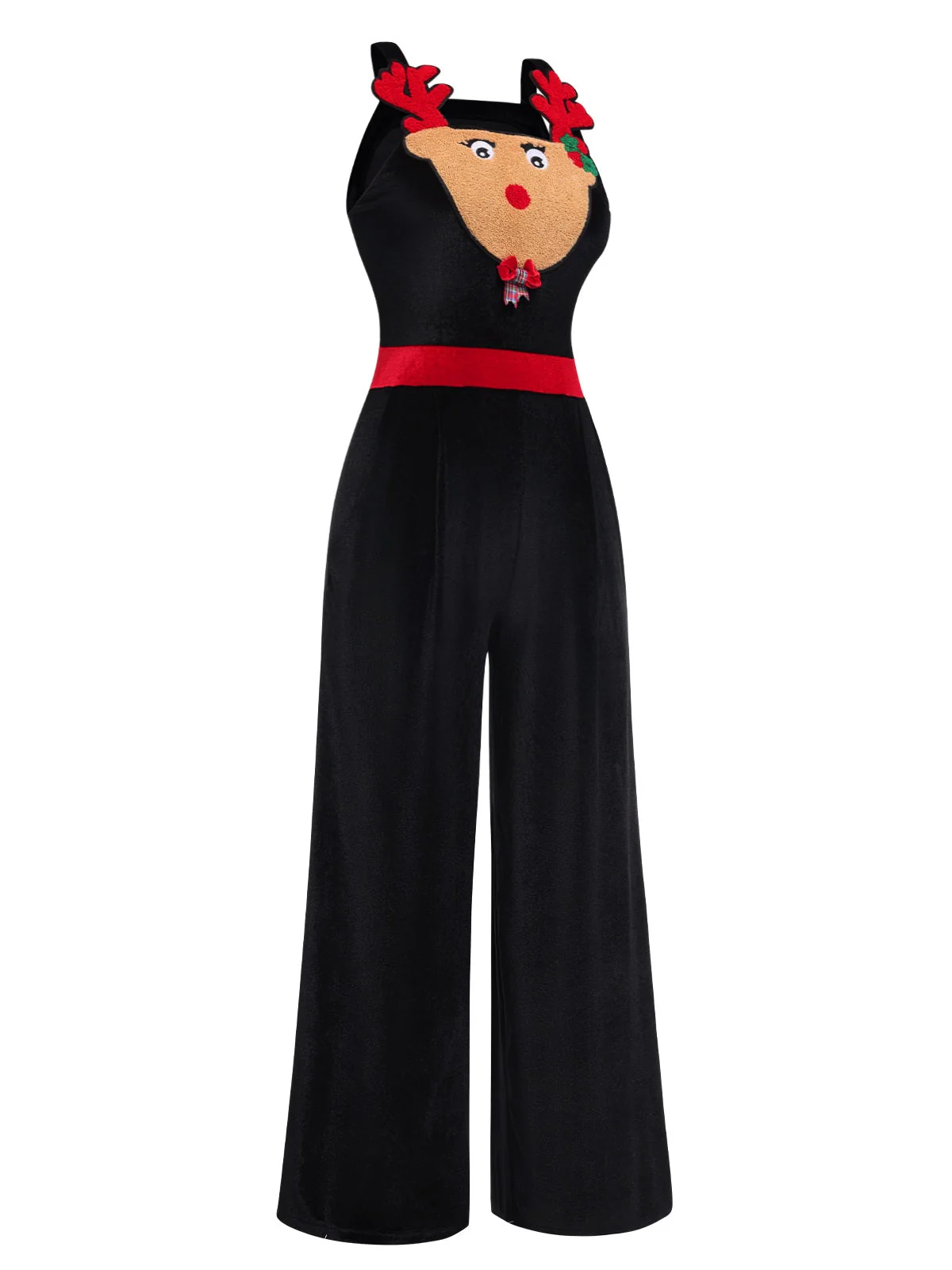 Schwarz 1940er Weihnachten Elch Plüsch Samt Jumpsuit - Image 3