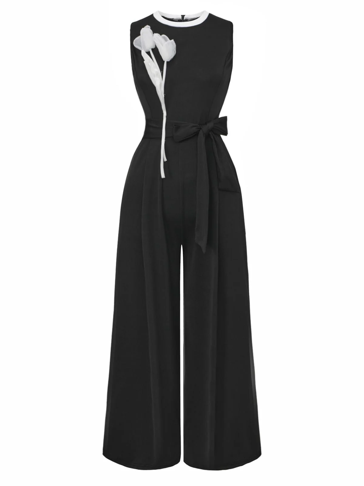 Schwarz 1950er 3D-Blumen Ärmellos Schnür Jumpsuit - Image 2