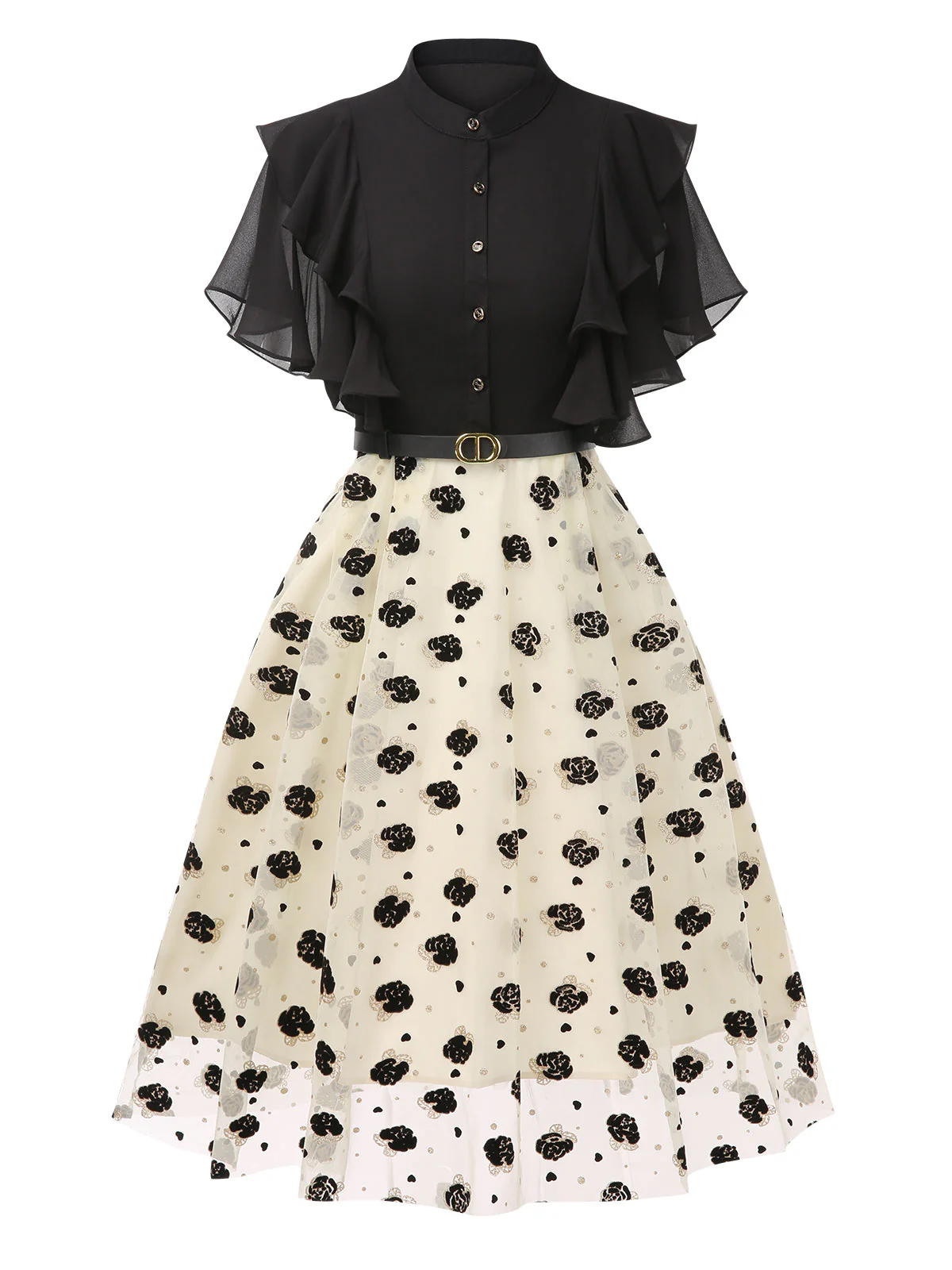 Schwarz 1950er 3D Blumen Rüschen Kleid - Image 2