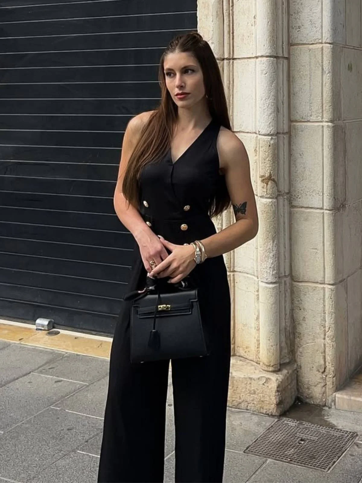 Schwarz 1950er Ärmellos Geknöpft Solide Jumpsuit - Image 2