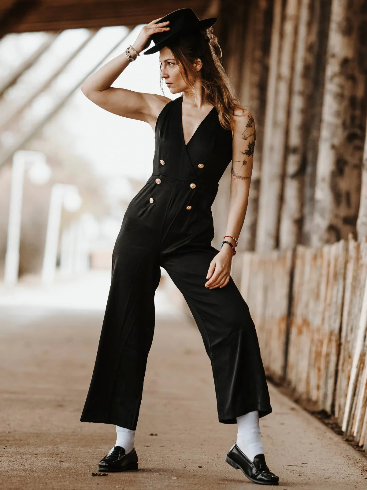 Schwarz 1950er Ärmellos Geknöpft Solide Jumpsuit