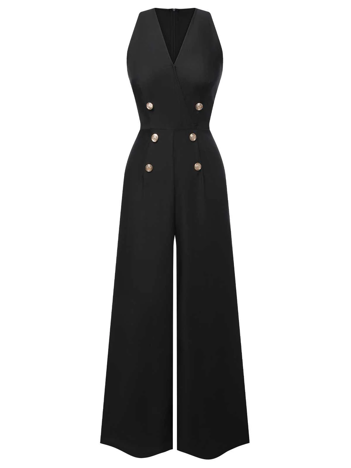 Schwarz 1950er Ärmellos Geknöpft Solide Jumpsuit - Image 4