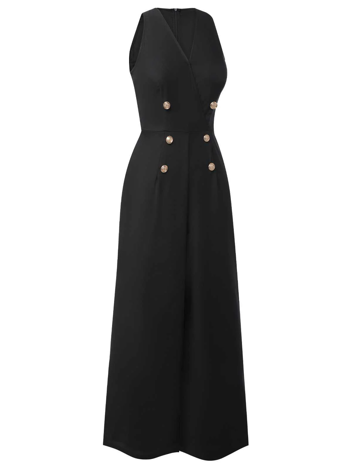 Schwarz 1950er Ärmellos Geknöpft Solide Jumpsuit - Image 5