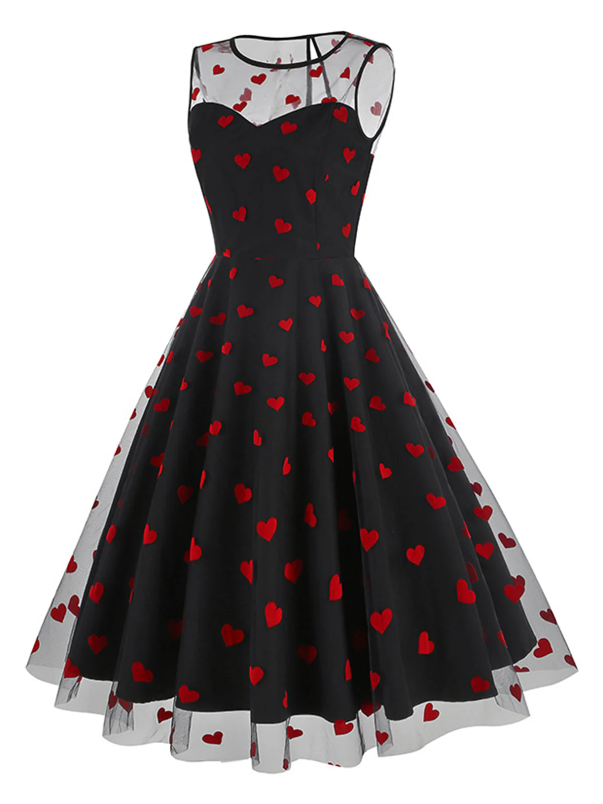 Schwarz 1950er Beflockt Herz Netz Patchwork Kleid - Image 2