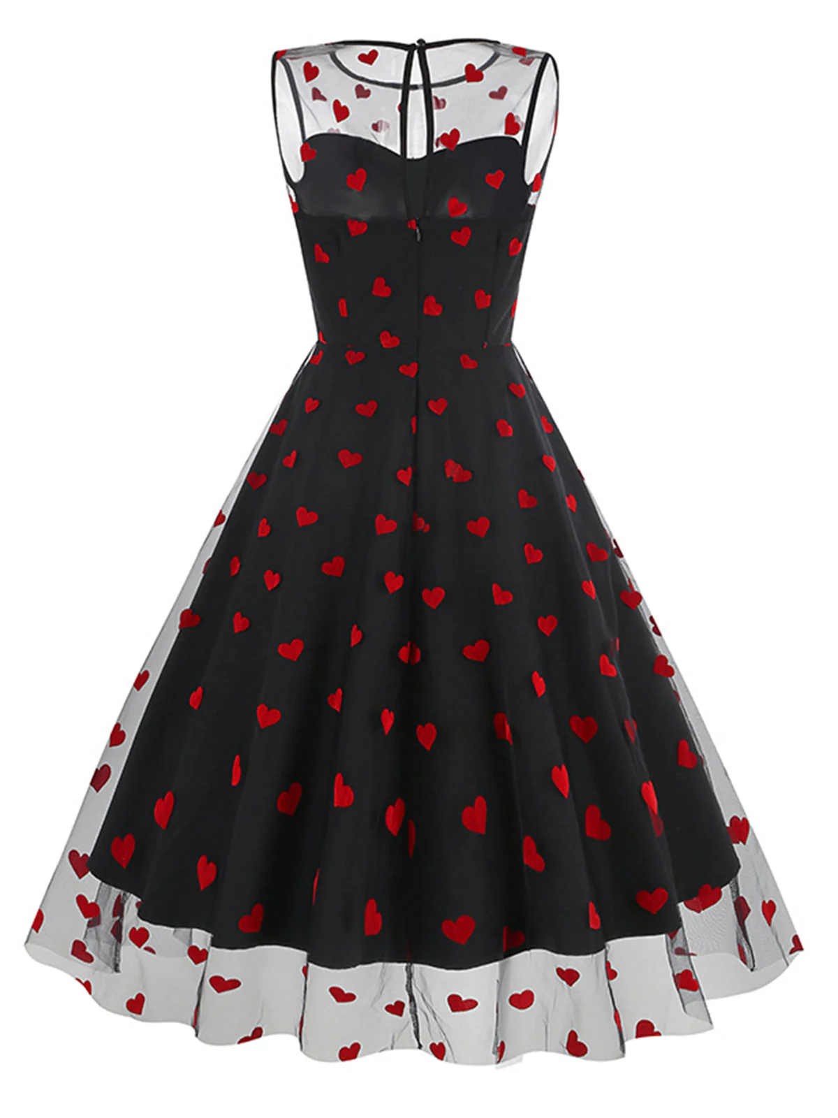 Schwarz 1950er Beflockt Herz Netz Patchwork Kleid - Image 3