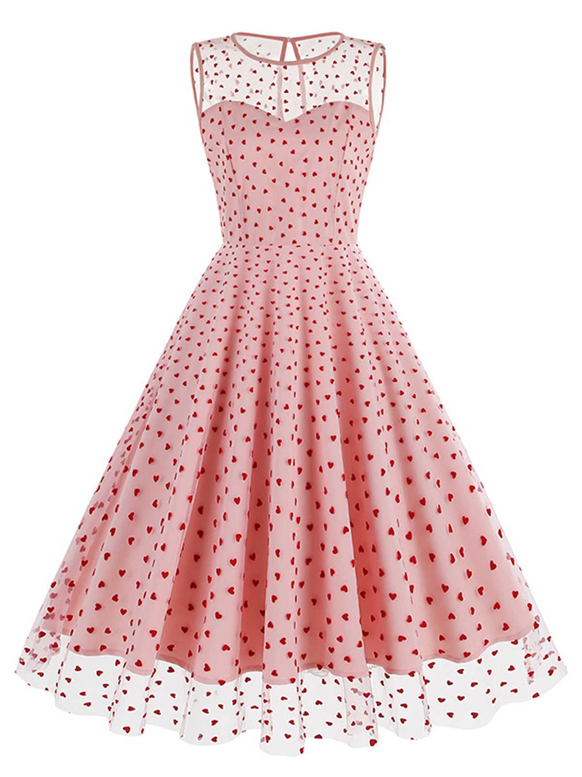 Schwarz 1950er Beflockt Herz Netz Patchwork Kleid - Image 5