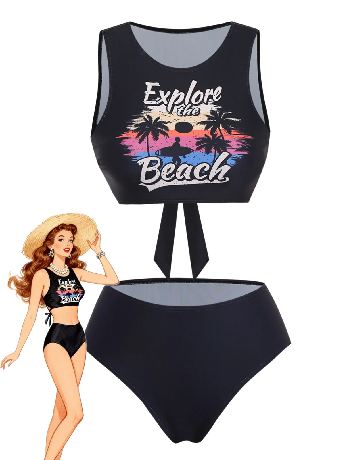 Schwarz 1950er Erkunde Den Strand Tankini Set