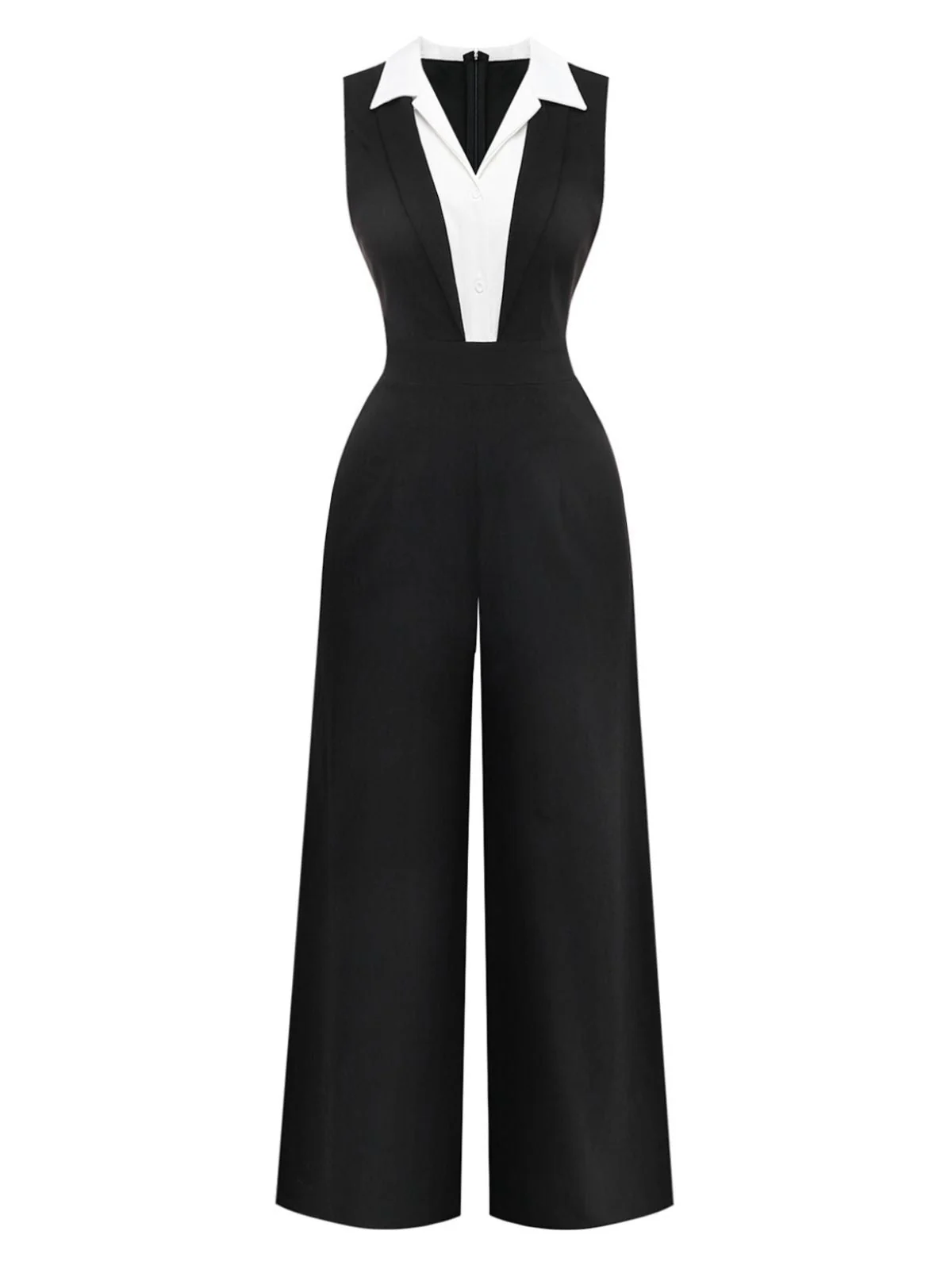 Schwarz 1950er Farbblock Ärmellos Weitbeinig Jumpsuit - Image 2
