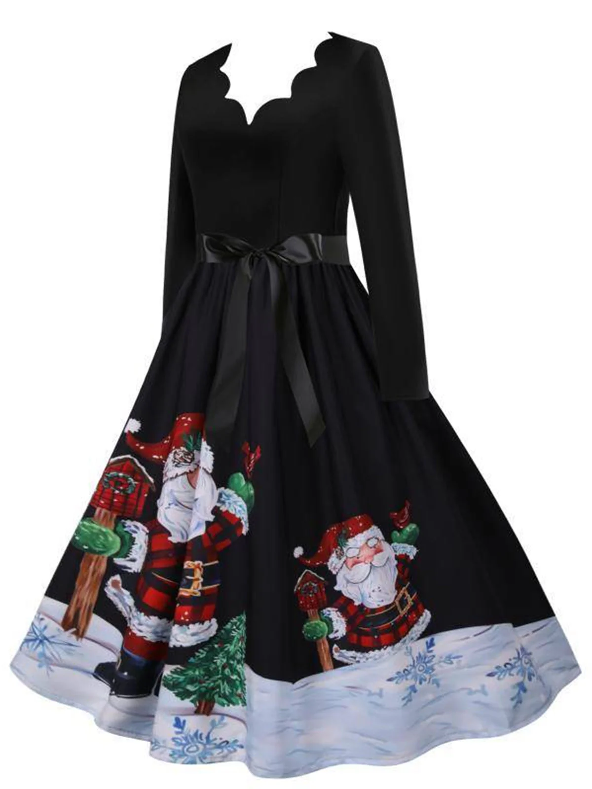 Schwarz 1950er Gewellter Hals Weihnachten Santa Gürtel Kleid - Image 2