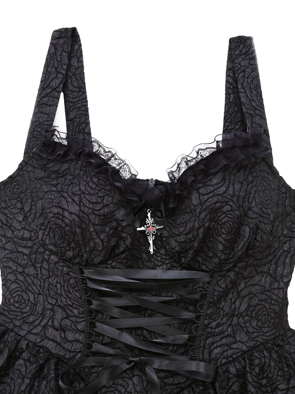 Schwarz 1950er Gothic Spitzen Bogen Tie Schnürung Kleid - Image 3