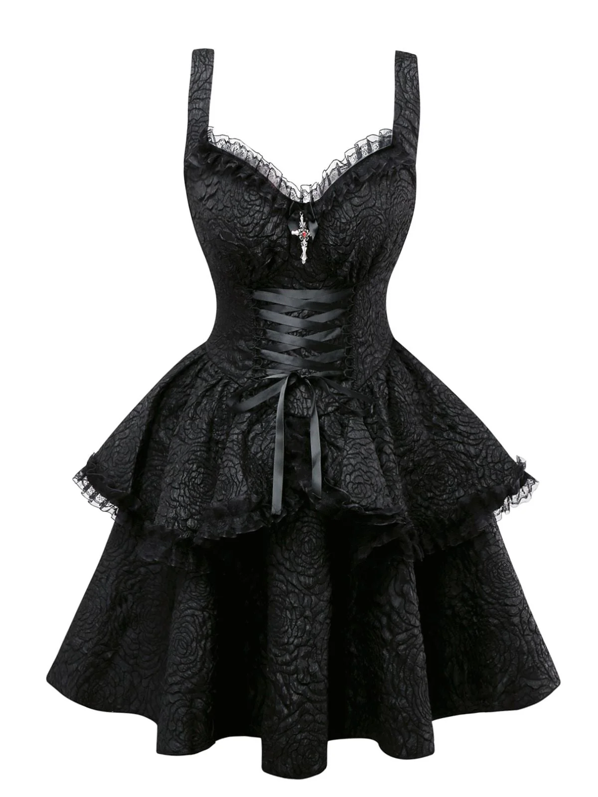 Schwarz 1950er Gothic Spitzen Bogen Tie Schnürung Kleid - Image 4