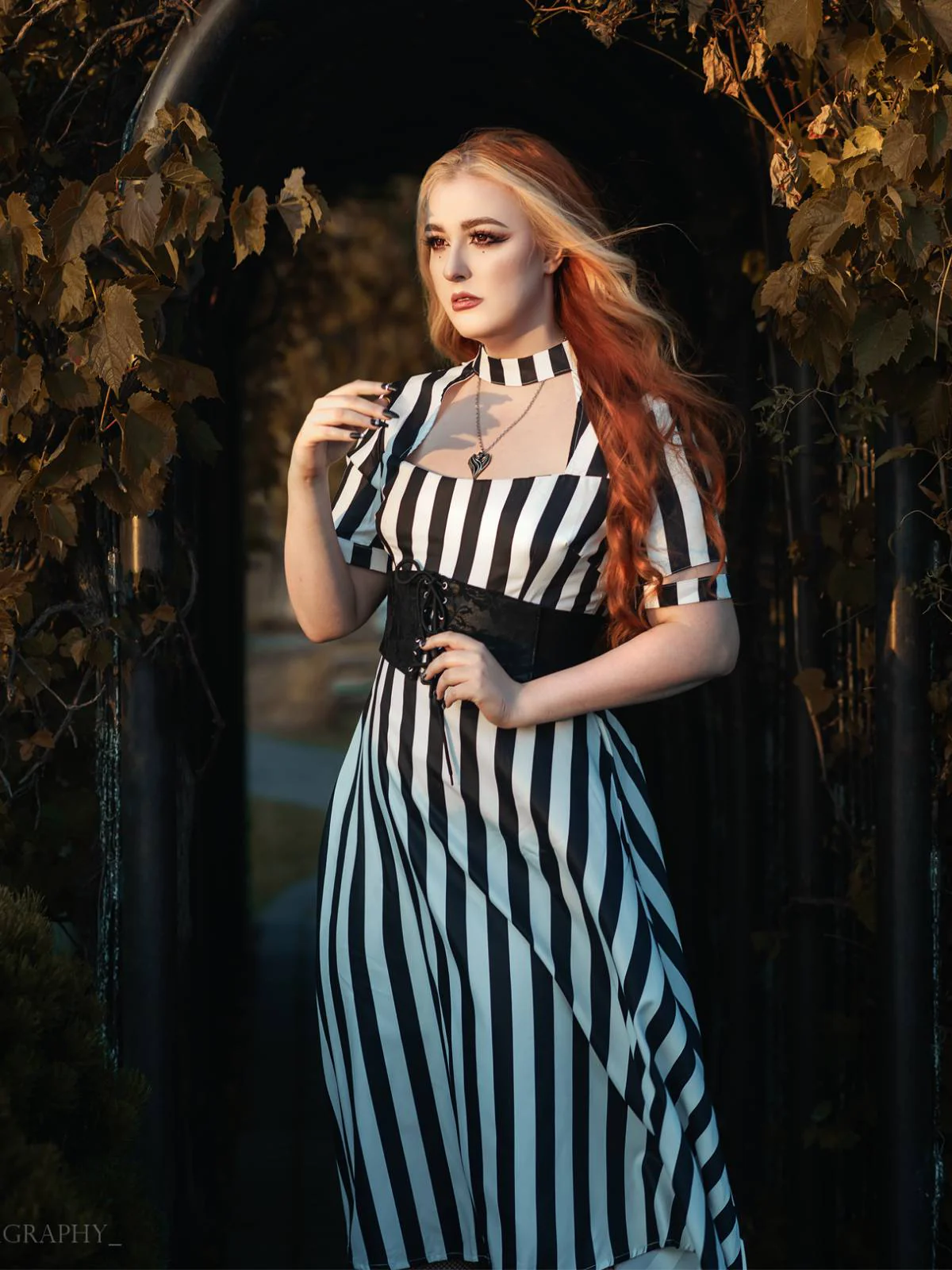 Schwarz 1950er Halloween Beetlejuice Kostüm Streifen Hohl Kragen Kleid - Image 4