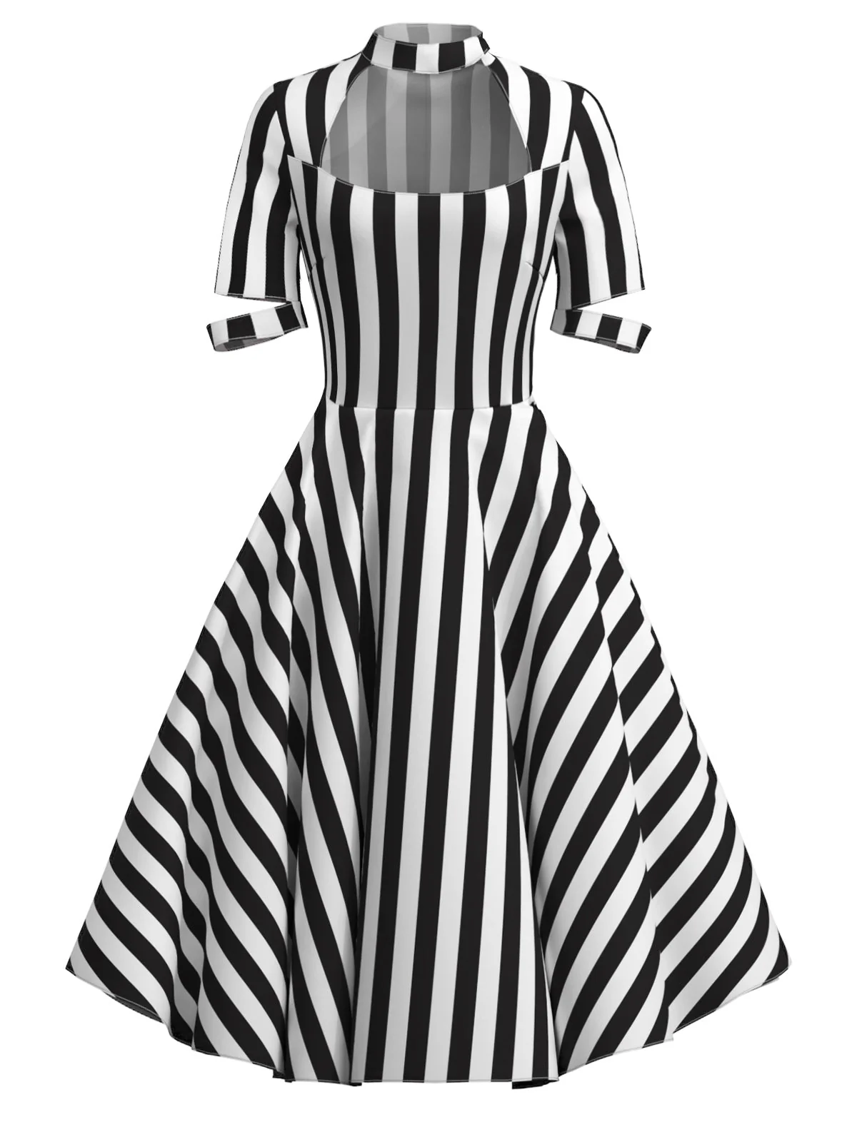 Schwarz 1950er Halloween Beetlejuice Kostüm Streifen Hohl Kragen Kleid - Image 5