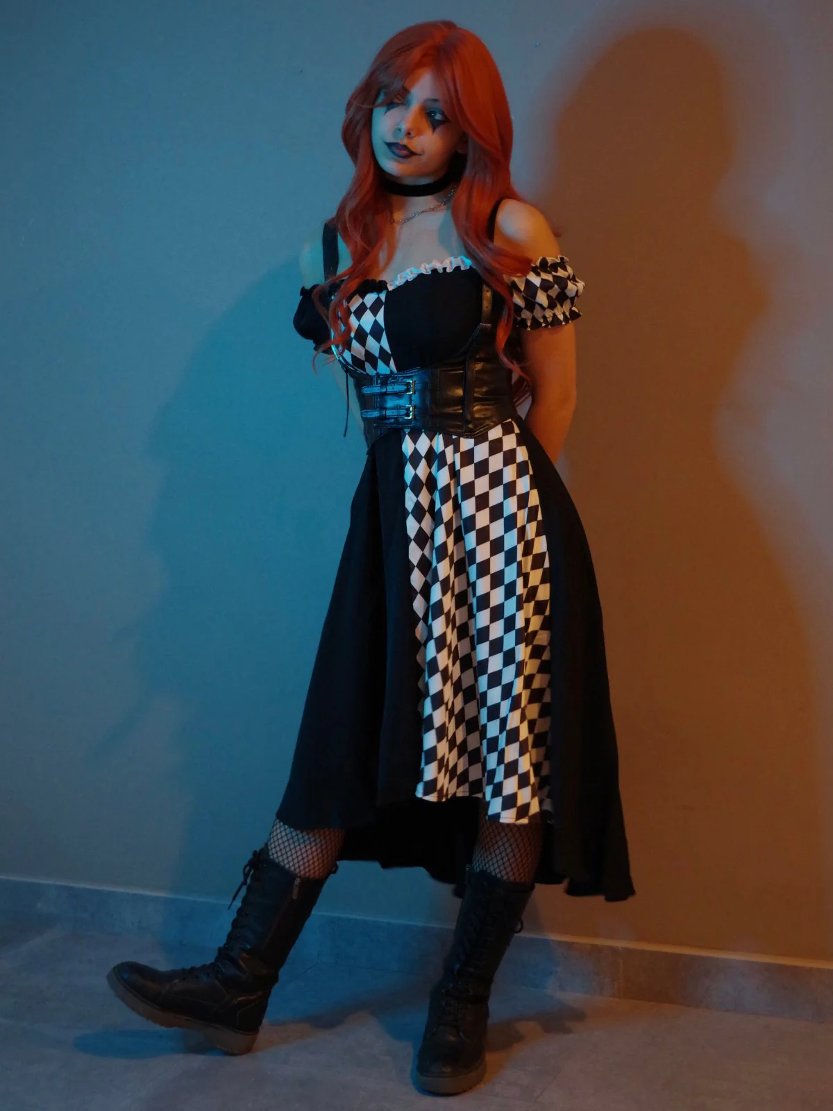 Schwarz 1950er Halloween Check Kleid & Leder Korsett - Image 2
