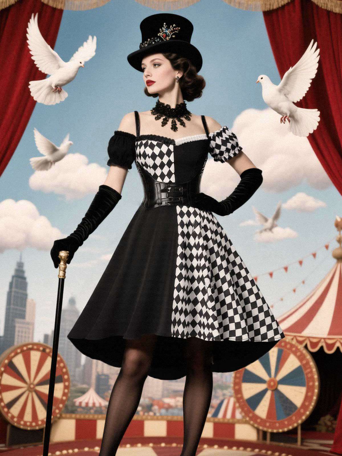 Schwarz 1950er Halloween Check Kleid & Leder Korsett - Image 2