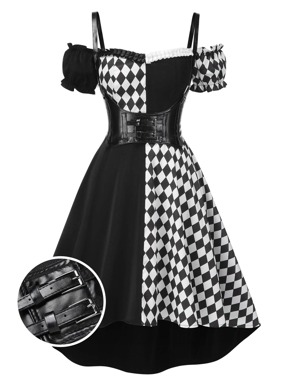 Schwarz 1950er Halloween Check Kleid & Leder Korsett - Image 3