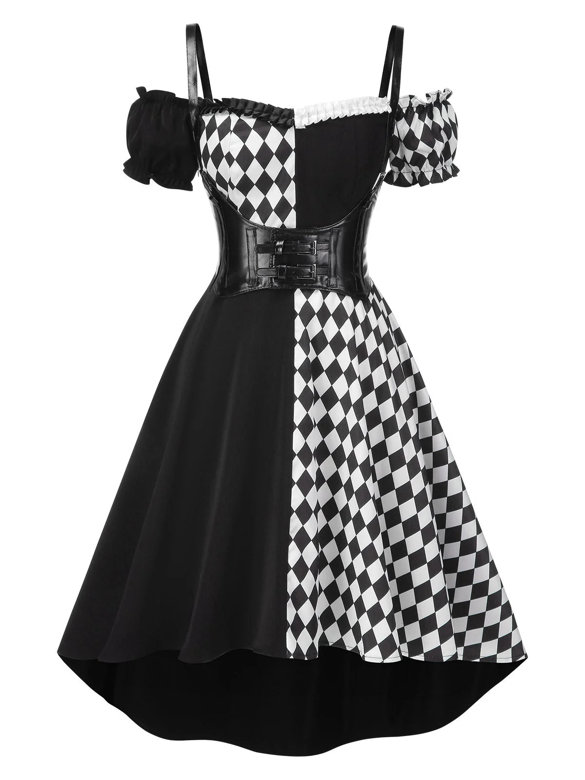 Schwarz 1950er Halloween Check Kleid & Leder Korsett - Image 4