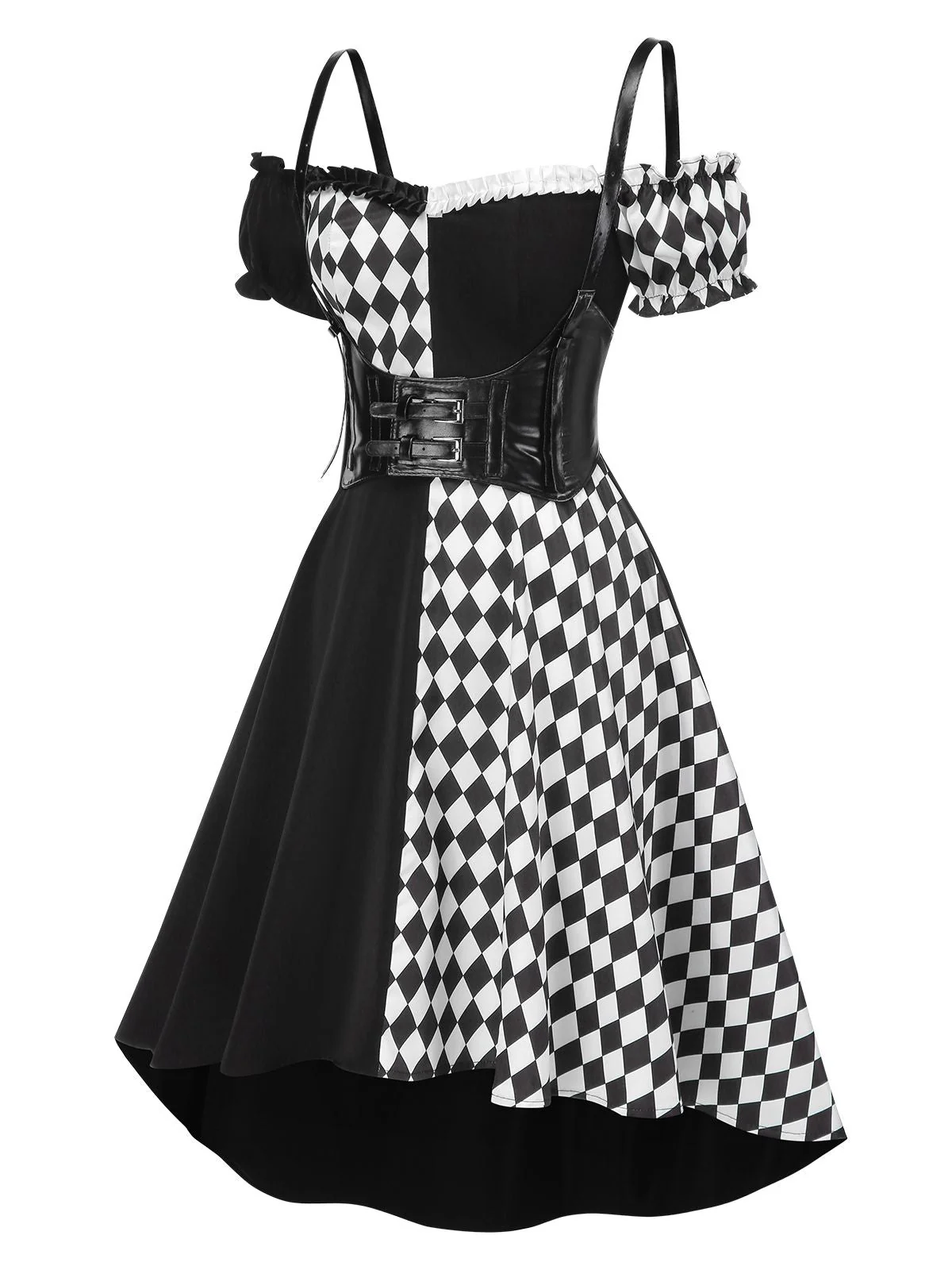 Schwarz 1950er Halloween Check Kleid & Leder Korsett - Image 5