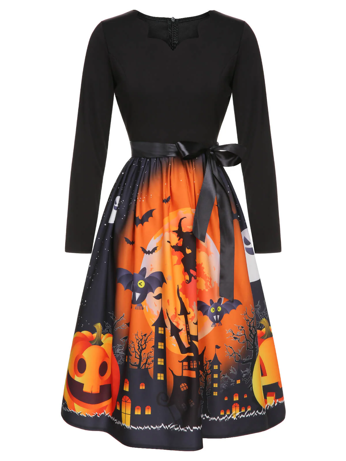 Schwarz 1950er Halloween Fledermaus Kürbis Kostüm Swing Langarmkleid - Image 2