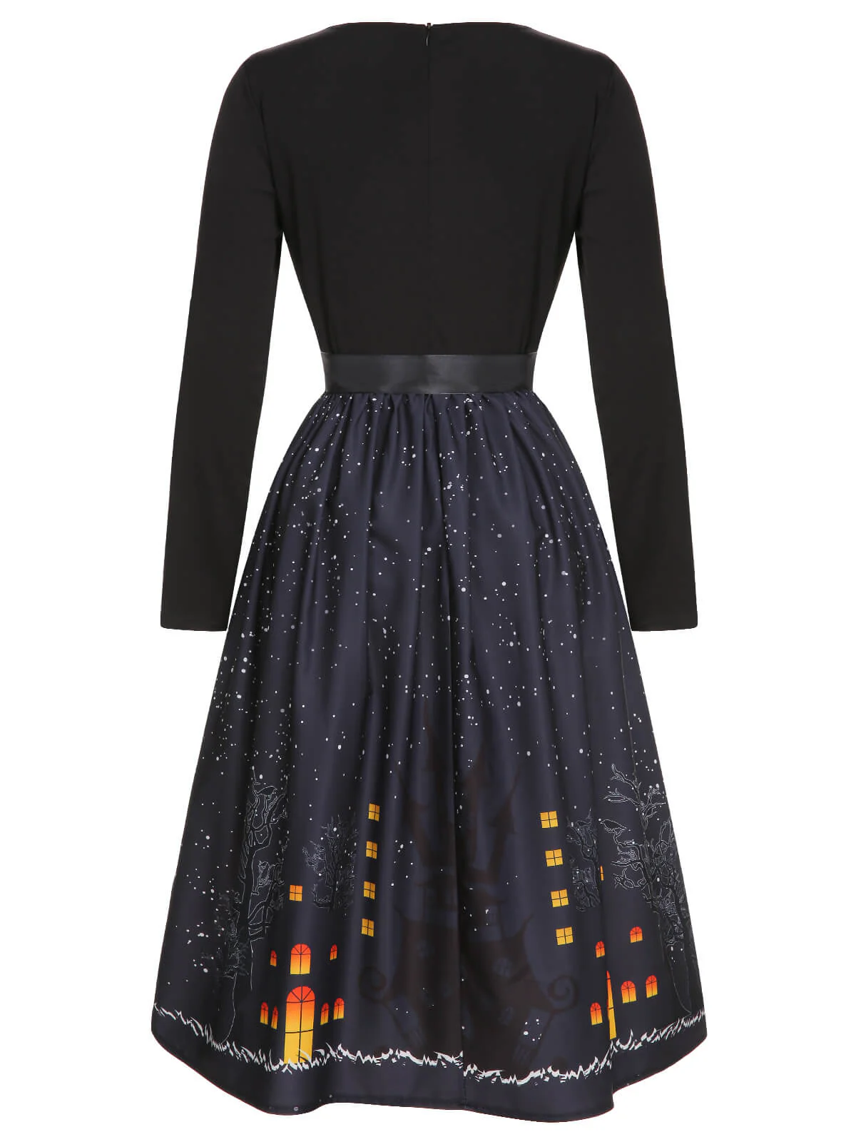 Schwarz 1950er Halloween Fledermaus Kürbis Kostüm Swing Langarmkleid - Image 3
