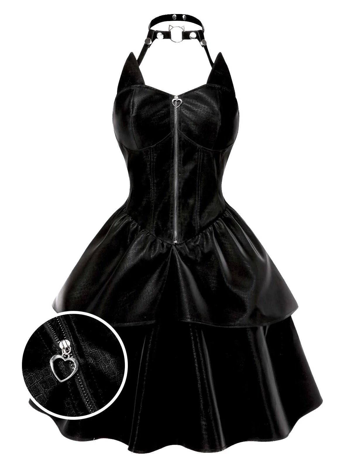 Schwarz 1950er Halloween Katzenmädchen Leder Kleid - Image 2