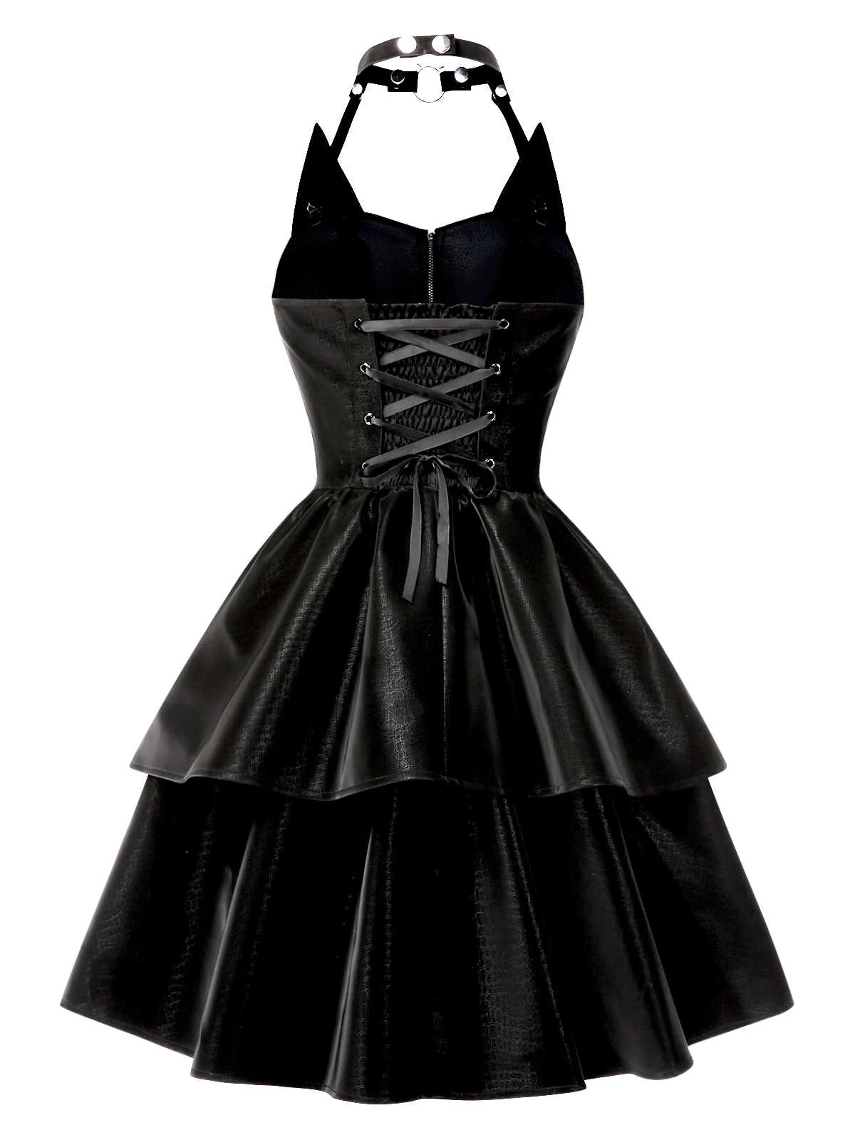 Schwarz 1950er Halloween Katzenmädchen Leder Kleid - Image 5