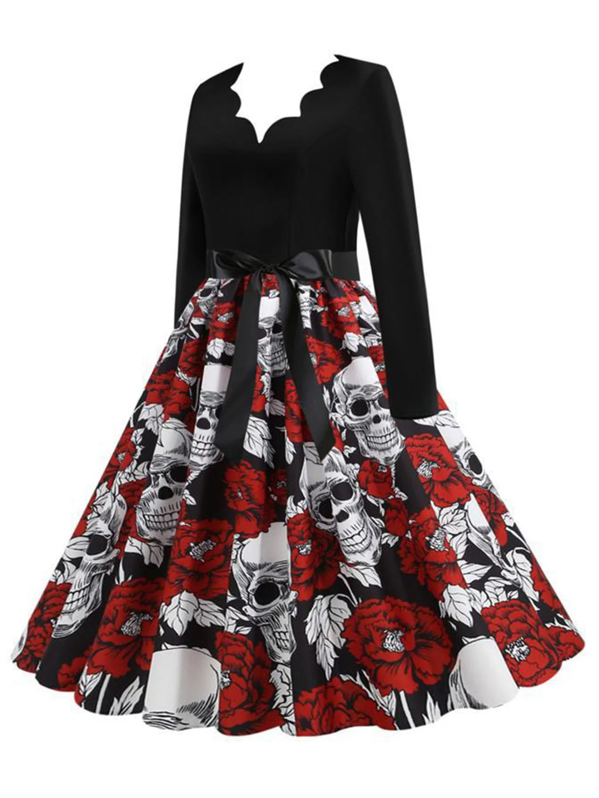 Schwarz 1950er Halloween Roses Schädel Blütenkragen Kleid - Image 2