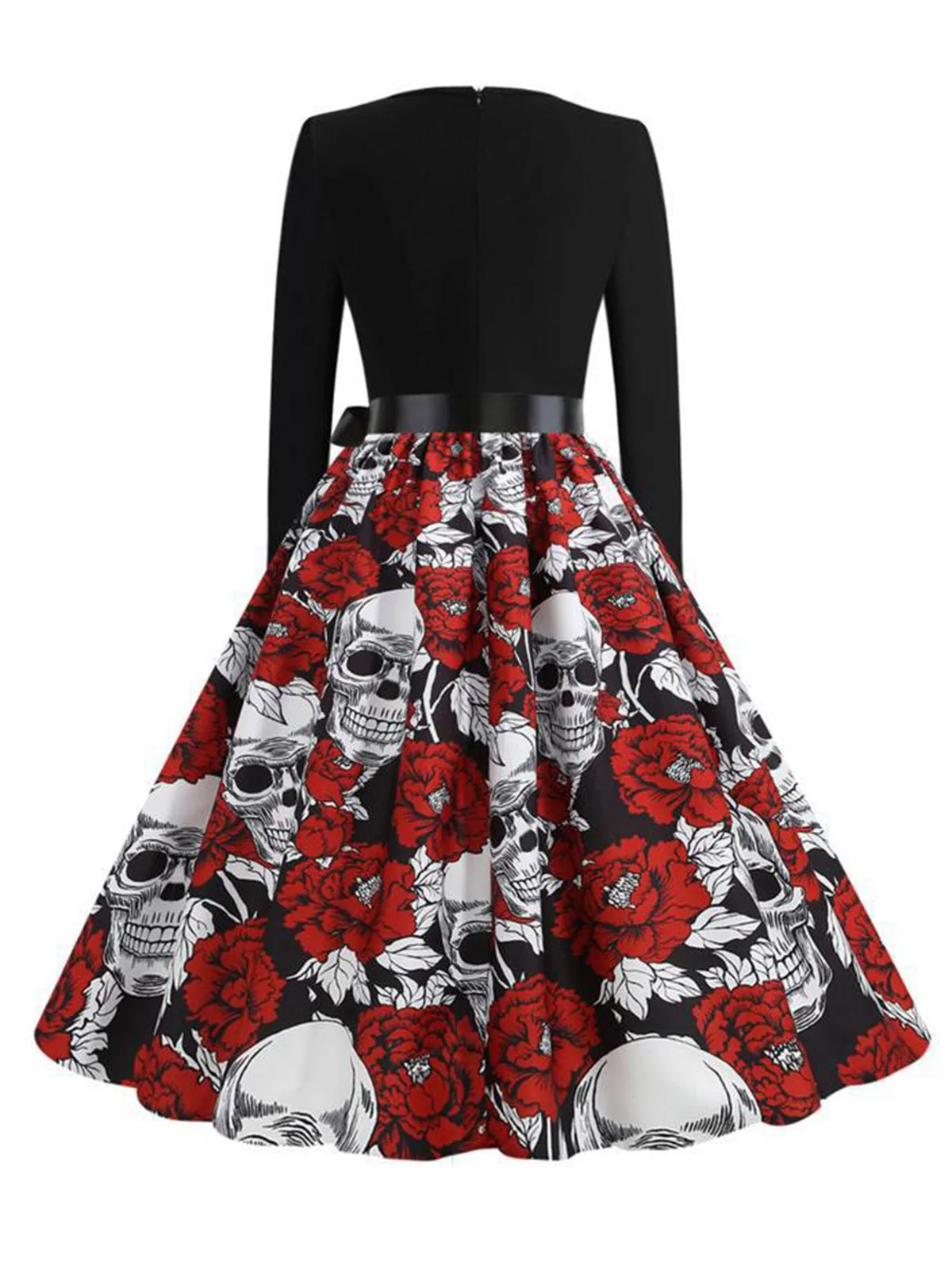 Schwarz 1950er Halloween Roses Schädel Blütenkragen Kleid - Image 3
