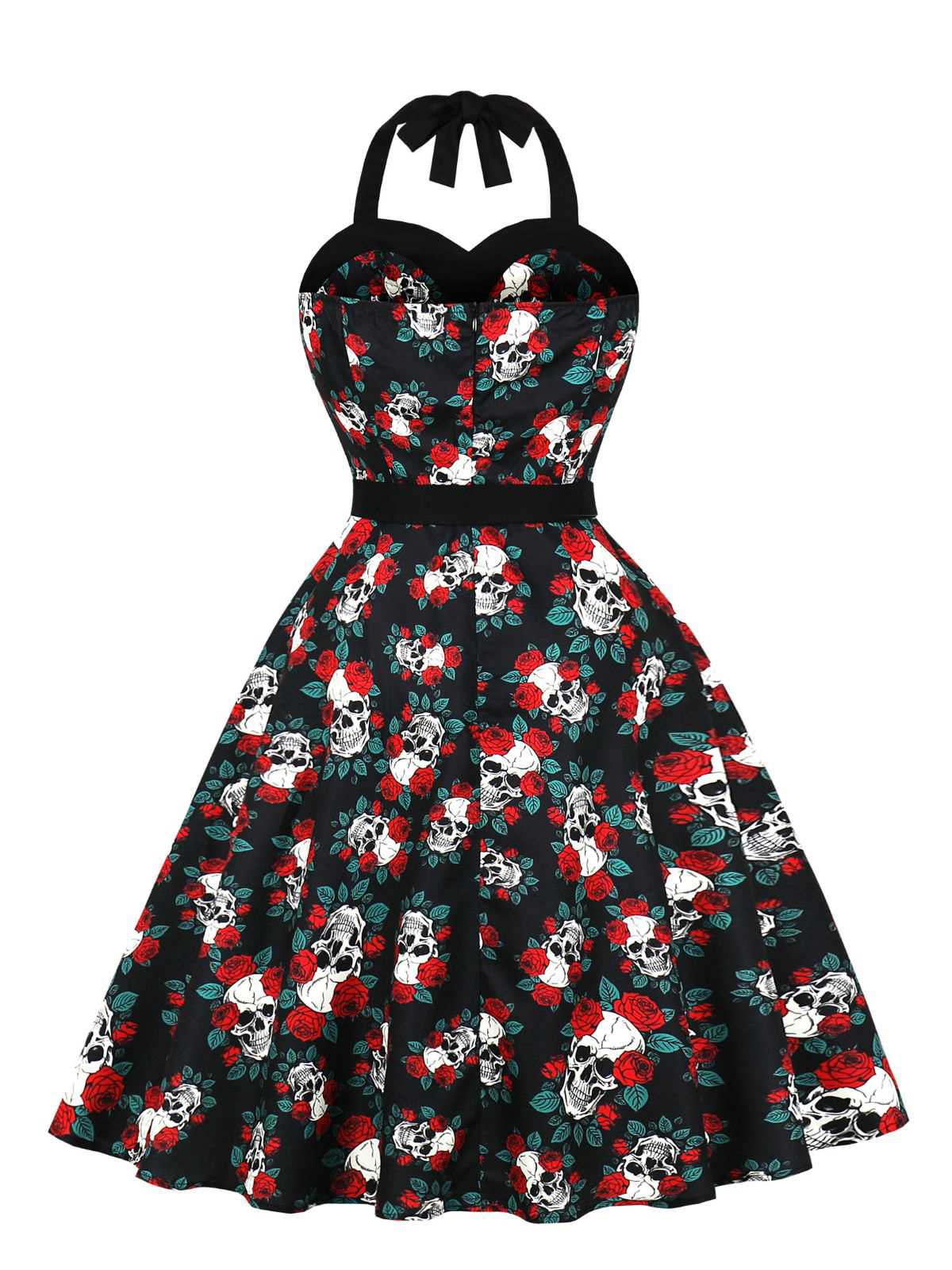 Schwarz 1950er Halloween Schädel Rosen Halter Kleid - Image 2