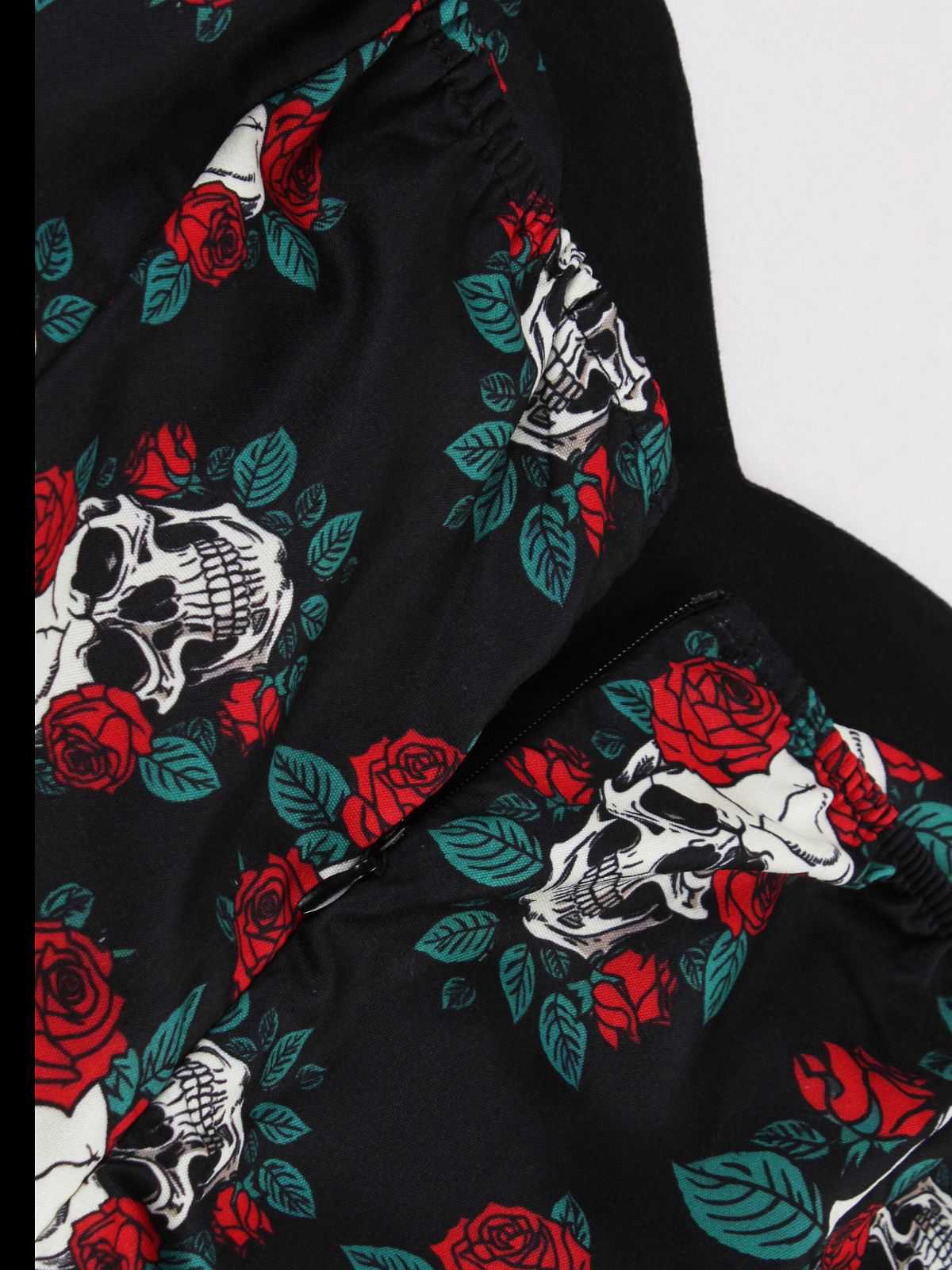 Schwarz 1950er Halloween Schädel Rosen Halter Kleid - Image 3