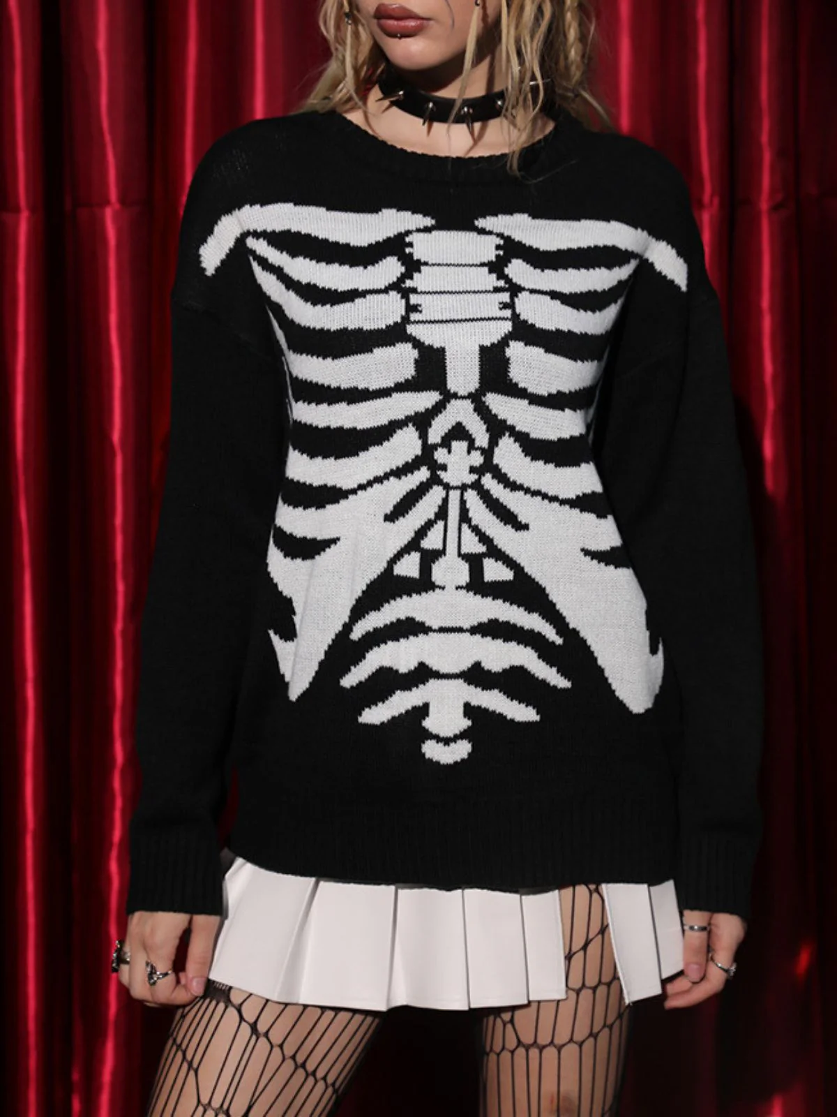 Schwarz 1950er Halloween Skeleton Druck Strick Pullover - Image 3